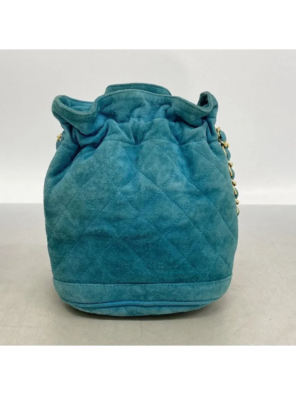 Chanel Shoulder Bag Quilted Suede Turquoise Blue Gold